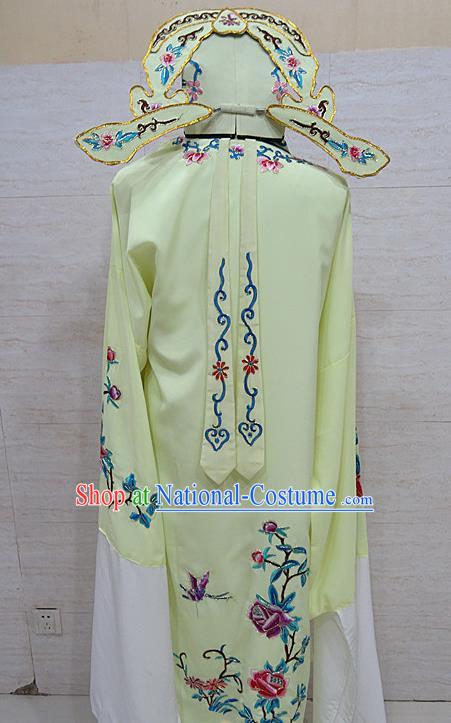 Professional Chinese Beijing Opera Niche Embroidered Peony Light Yellow Robe Traditional Peking Opera Scholar Costume for Adults