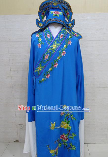 Professional Chinese Beijing Opera Niche Embroidered Peony Deep Blue Robe Traditional Peking Opera Scholar Costume for Adults