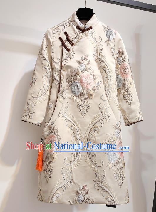 Chinese Traditional Costume Tang Suit Qipao Dress Beige Cheongsam for Women