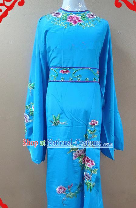 Professional Chinese Beijing Opera Niche Deep Blue Embroidered Peony Robe Traditional Peking Opera Scholar Costume for Adults