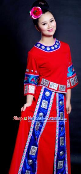 Chinese Traditional Miao Nationality Wedding Costume Hmong Ethnic Red Dress for Women