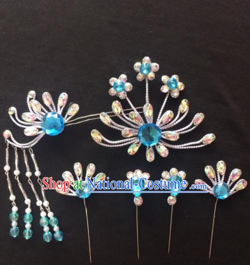 Asian Chinese Beijing Opera Hair Accessories Blue Rhinestone Phoenix Hairpins Complete Set for Women