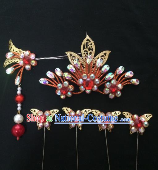 Asian Chinese Beijing Opera Hair Accessories Red Rhinestone Phoenix Hairpins Complete Set for Women