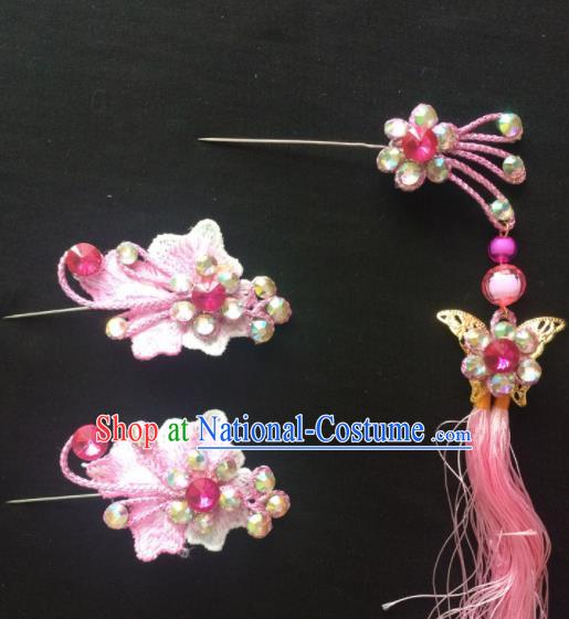 Asian Chinese Beijing Opera Hair Accessories Pink Tassel Hairpins Complete Set for Women