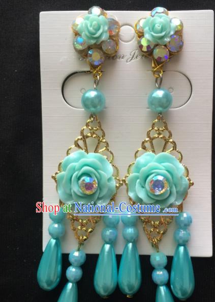 Asian Chinese Beijing Opera Jewelry Accessories Blue Rose Earrings for Women