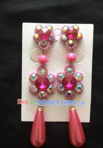 Asian Chinese Beijing Opera Jewelry Accessories Pink Rhinestone Earrings for Women