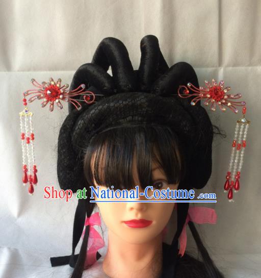 Asian Chinese Beijing Opera Hair Accessories Red Tassel Hairpins for Women