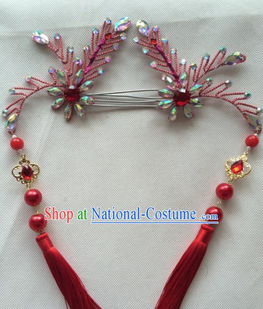 Asian Chinese Beijing Opera Hair Accessories Red Tassel Hair Clip Ancient Princess Hairpins for Women