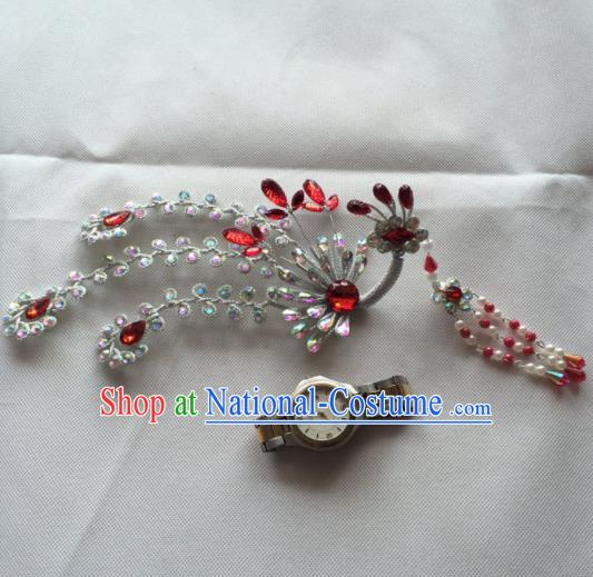 Asian Chinese Beijing Opera Hair Accessories Red Crystal Phoenix Hair Clip Ancient Princess Hairpins for Women