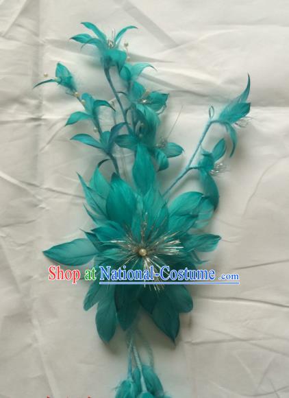 Asian Chinese Beijing Opera Hair Accessories Ancient Princess Blue Feather Hairpins for Women