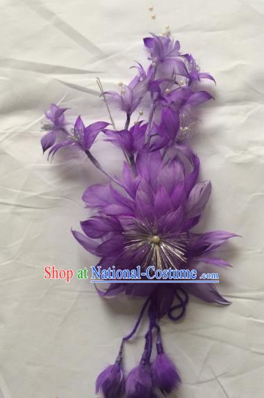 Asian Chinese Beijing Opera Hair Accessories Ancient Princess Purple Feather Hairpins for Women