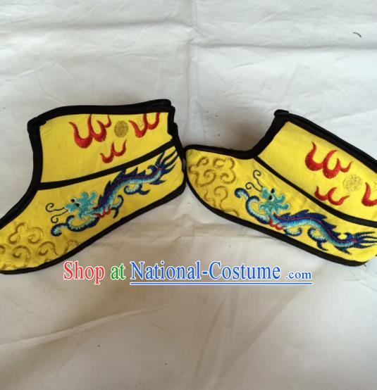 Asian Chinese Beijing Opera Takefu Yellow Embroidered Boots Ancient Swordsman Shoes for Men