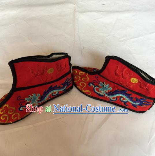 Asian Chinese Beijing Opera Takefu Red Embroidered Boots Ancient Swordsman Shoes for Men