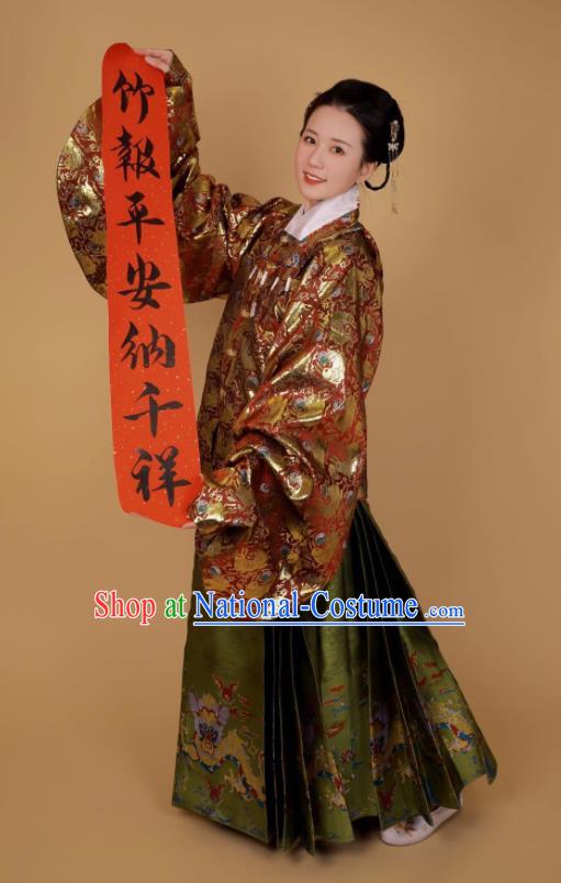 Traditional Chinese Ancient Ming Dynasty Dowager Historical Costume Blouse and Horse Face Skirt Complete Set