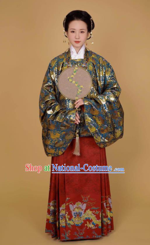 Traditional Chinese Ancient Ming Dynasty Nobility Lady Historical Costume Blue Blouse and Horse Face Skirt Complete Set