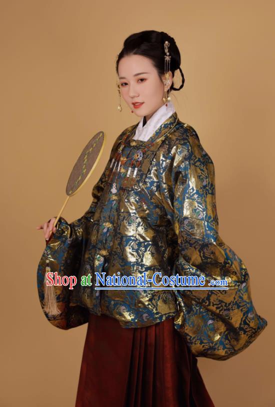 Traditional Chinese Ancient Ming Dynasty Nobility Lady Historical Costume Blue Blouse and Horse Face Skirt Complete Set