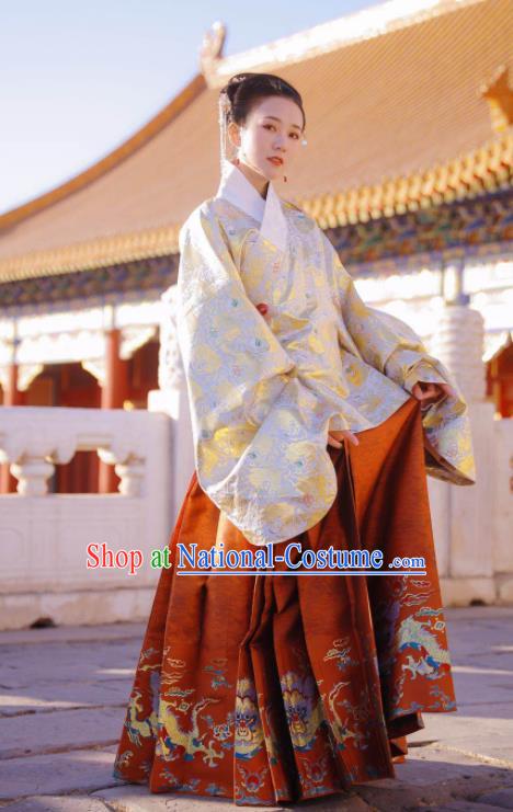 Traditional Chinese Ming Dynasty Imperial Consort Historical Costume Ancient Brocade Blouse and Horse Face Skirt Complete Set