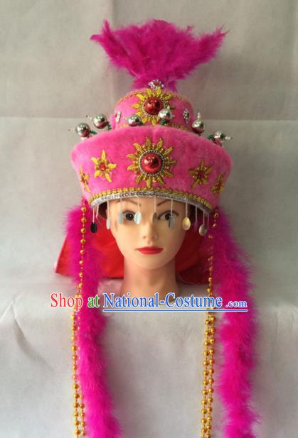 Asian Chinese Beijing Opera Hair Accessories Ancient Hui Ethnic Princess Pink Hat for Women