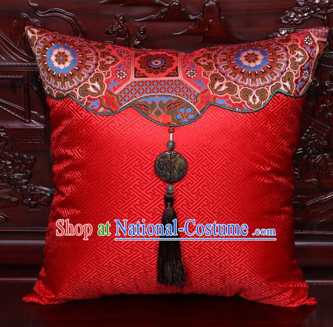 Chinese Classical Pattern Jade Pendant Red Brocade Square Cushion Cover Traditional Household Ornament