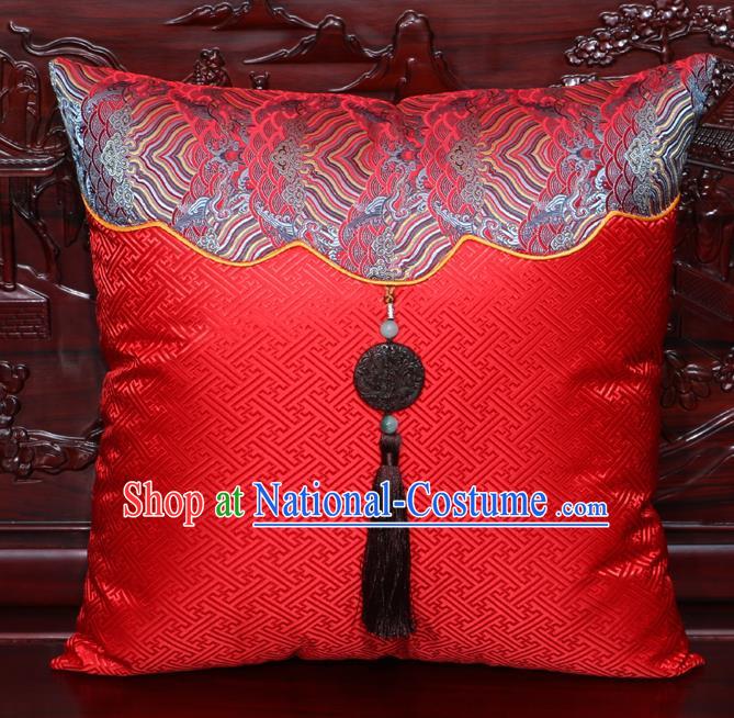 Chinese Classical Wave Pattern Jade Pendant Red Brocade Square Cushion Cover Traditional Household Ornament