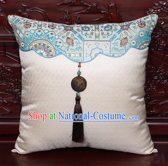 Chinese Classical Pattern Jade Pendant White Brocade Square Cushion Cover Traditional Household Ornament