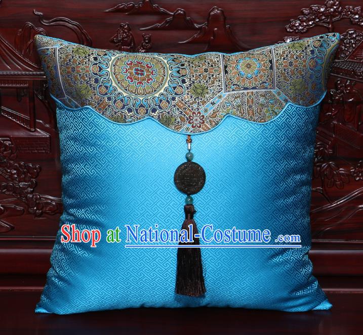 Chinese Classical Pattern Jade Pendant Blue Brocade Square Cushion Cover Traditional Household Ornament