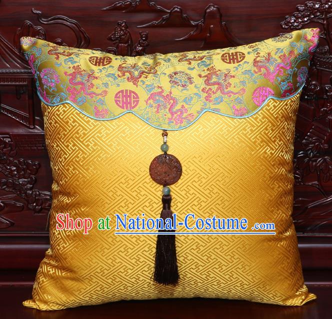 Chinese Classical Dragon Pattern Jade Pendant Golden Brocade Square Cushion Cover Traditional Household Ornament