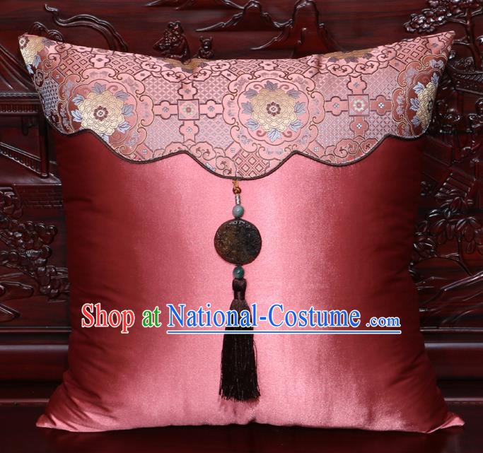 Chinese Classical Peony Pattern Jade Pendant Pink Brocade Square Cushion Cover Traditional Household Ornament