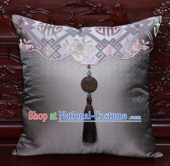 Chinese Classical Pomegranate Pattern Jade Pendant Grey Brocade Square Cushion Cover Traditional Household Ornament