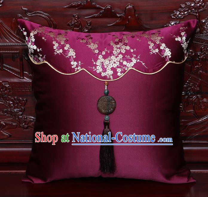 Chinese Classical Plum Blossom Pattern Jade Pendant Wine Red Brocade Square Cushion Cover Traditional Household Ornament