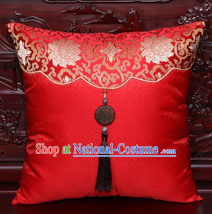 Chinese Classical Lotus Pattern Jade Pendant Red Brocade Square Cushion Cover Traditional Household Ornament