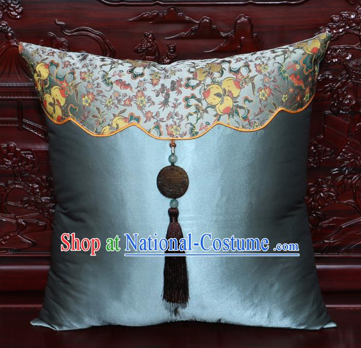 Chinese Classical Peach Pattern Jade Pendant Blue Brocade Square Cushion Cover Traditional Household Ornament