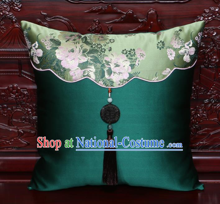 Chinese Classical Peony Pattern Jade Pendant Green Brocade Square Cushion Cover Traditional Household Ornament