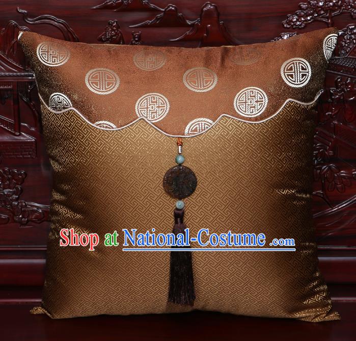 Chinese Classical Pattern Jade Pendant Brown Brocade Square Cushion Cover Traditional Household Ornament