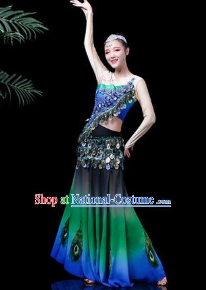 Chinese Traditional Ethnic Dance Costume Dai Nationality Peacock Dance Green Dress for Women