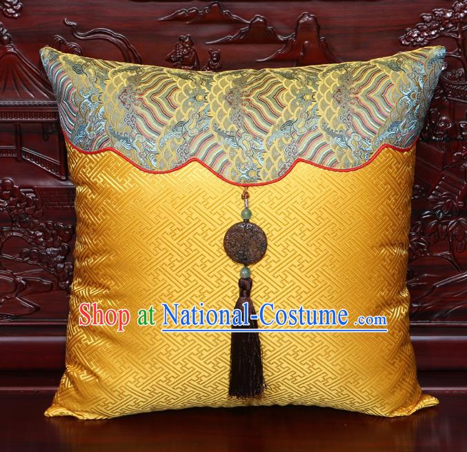 Chinese Classical Pattern Jade Pendant Golden Brocade Square Cushion Cover Traditional Household Ornament