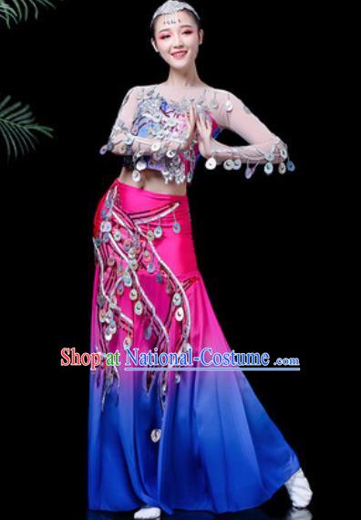 Chinese Traditional Ethnic Dance Costume Dai Nationality Peacock Dance Rosy Dress for Women