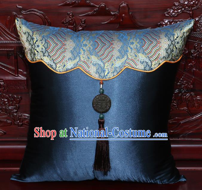 Chinese Classical Pattern Jade Pendant Navy Brocade Square Cushion Cover Traditional Household Ornament