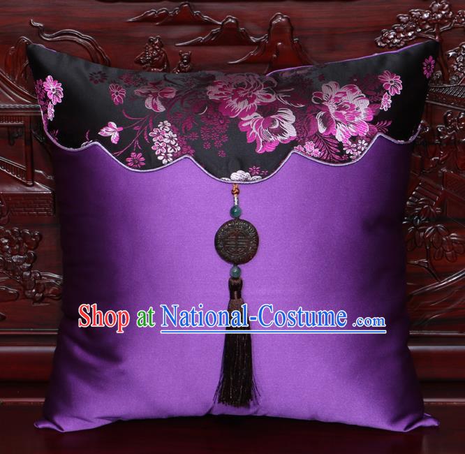 Chinese Classical Peony Pattern Jade Pendant Purple Brocade Square Cushion Cover Traditional Household Ornament