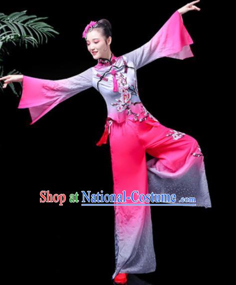 Traditional Chinese Folk Dance Costume Fan Dance Rosy Clothing for Women