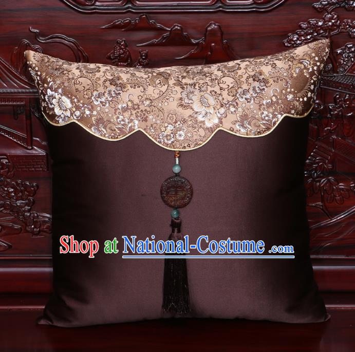 Chinese Classical Peony Pattern Jade Pendant Brown Brocade Square Cushion Cover Traditional Household Ornament