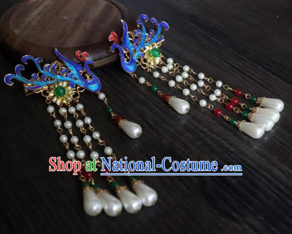 Chinese Ancient Palace Hair Accessories Traditional Classical Blueing Phoenix Hair Sticks for Women