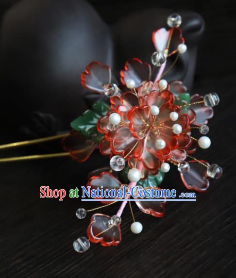 Chinese Ancient Palace Hair Accessories Traditional Classical Red Flowers Hairpins for Women