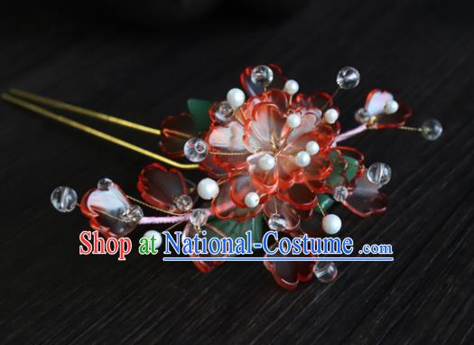 Chinese Ancient Palace Hair Accessories Traditional Classical Red Flowers Hairpins for Women