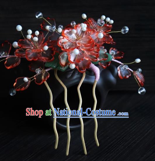 Chinese Ancient Palace Hair Accessories Traditional Classical Red Flowers Hair Combs for Women