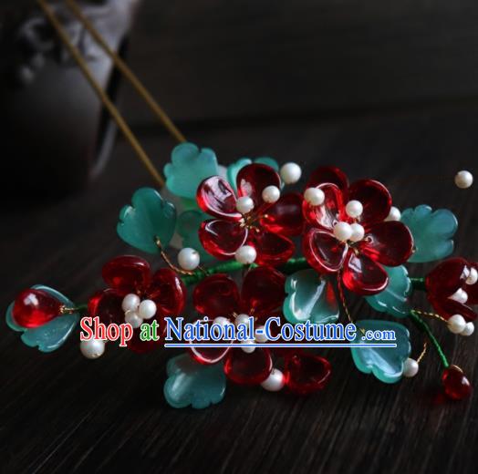 Chinese Ancient Palace Hair Accessories Traditional Classical Wine Red Flowers Hairpins for Women