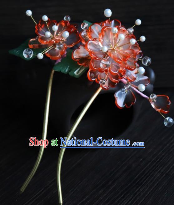 Chinese Ancient Palace Hair Accessories Traditional Classical Red Flowers Hairpins for Women