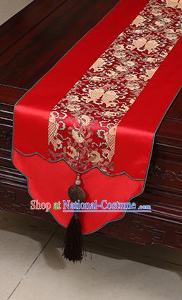 Chinese Traditional Fishes Pattern Red Brocade Table Flag Classical Satin Household Ornament Table Cover