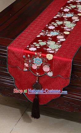 Chinese Traditional Peony Pattern Red Brocade Table Flag Classical Satin Household Ornament Table Cover