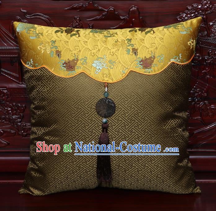 Chinese Classical Pattern Jade Pendant Khaki Brocade Square Cushion Cover Traditional Household Ornament